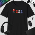 Black t-shirt with joystick design on a gaming-themed background